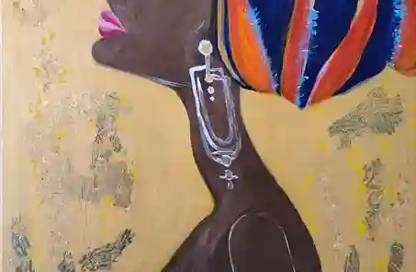 A striking painting of an African woman in profile, wearing a vibrant headwrap with bold stripes of blue, orange, and yellow. She has a serene expression, her eyes closed and lips painted a bright pink. Elegant, long earrings hang from her ears, adding to her regal appearance. She is dressed in a blue strapless top, and the golden background is adorned with abstract patterns, enhancing the overall richness and beauty of the artwork.