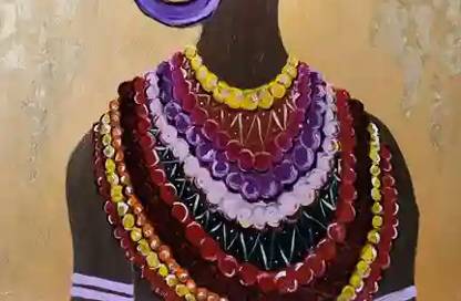 A vibrant painting of an African woman adorned in traditional attire. She wears a colorful headwrap with intricate patterns in shades of blue, yellow, pink, and green. Large purple hoop earrings and multiple layers of bold, beaded necklaces in red, purple, and yellow accentuate her elegant appearance. Her serene expression and the golden background highlight her regal and graceful presence.