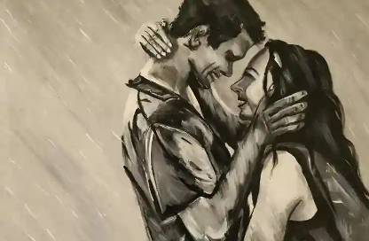 A monochromatic painting of a couple embracing passionately in the rain. The man and woman hold each other closely, their foreheads touching as they share an intimate moment. The rain cascades around them, adding a sense of drama and intensity to the scene. The use of black, white, and grey tones emphasizes the emotional depth and rawness of their connection.