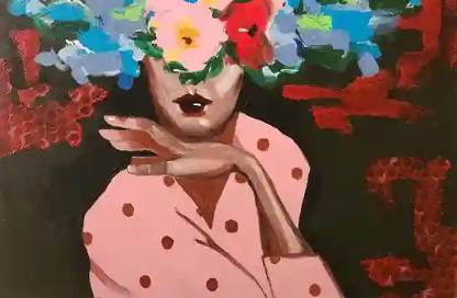 A vibrant painting of a woman in a polka-dot dress with her face partially obscured by an explosion of colorful flowers. The flowers, in shades of pink, yellow, blue, and red, create a striking and whimsical headdress. The dark background contrasts with the vivid colors, highlighting the imaginative and surreal quality of the artwork