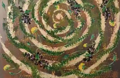 A mesmerizing painting featuring a spiraling pattern of vines and flowers. The spiral is adorned with lush green leaves, delicate yellow blossoms, and deep purple flowers, creating a sense of movement and depth. The background is a blend of earthy tones and subtle textures, enhancing the natural and organic feel of the composition. The harmonious interplay of colors and shapes draws the viewer into the center of the spiral, evoking a sense of growth and renewal.