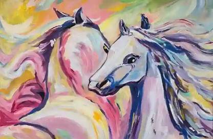 A vibrant and dynamic painting of two horses, their manes flowing gracefully in a swirl of colorful brushstrokes. The artwork uses a lively palette of pinks, blues, yellows, and greens, creating a sense of motion and energy. The expressive eyes and elegant forms of the horses convey a strong bond and spirited nature, set against a dreamy and abstract background that enhances the overall liveliness of the scene.