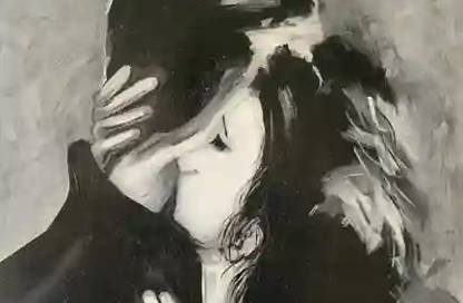 A powerful monochromatic painting of a couple sharing an intimate embrace. The man's hands gently cradle the woman's head as they press their faces together, eyes closed, lost in the moment. The use of black, white, and grey tones creates a striking contrast, emphasizing the depth of their connection and the raw emotion of the scene. The background, with its soft, abstract strokes, adds to the overall intensity and intimacy of the artwork.