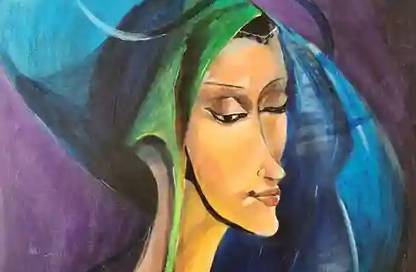 A captivating painting of a woman with an elongated, elegant neck and a serene expression. She wears a vibrant, multi-colored headscarf in shades of blue, green, and purple, which flows gracefully around her. The background is a rich purple, enhancing the boldness of the colors in her attire. The abstract style and fluid lines of the artwork highlight the woman's delicate features and convey a sense of calm and introspection.