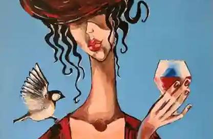 A stylish painting of a woman in a red dress and large hat, holding a glass of red wine. A small bird perches on her shoulder, adding a whimsical touch. The woman's curly hair cascades down, and her lips are painted a bold red, set against a vibrant blue background. The artwork exudes elegance and charm.