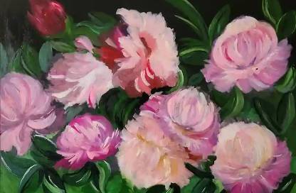 A beautiful painting of blooming peonies in various shades of pink, from soft pastels to vibrant hues. The lush green leaves provide a striking contrast against the dark background, highlighting the delicate and intricate petals of the flowers. The composition exudes freshness and natural beauty, capturing the elegance and charm of peonies in full bloom.