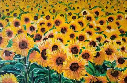 A stunning painting of a vast field filled with vibrant sunflowers in full bloom. The golden yellow petals and rich brown centers of the flowers create a beautiful contrast against the lush green leaves. The artwork captures the essence of a sunny day, evoking feelings of warmth and joy as the sunflowers stretch towards the sky, filling the entire canvas with their radiant beauty.