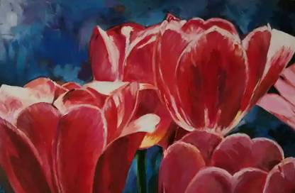 A stunning painting of red tulips captured in profile, their petals vibrant and illuminated against a deep, rich blue background. The close-up perspective emphasizes the delicate textures and intricate details of the flowers, highlighting their natural beauty and grace. The contrast between the warm reds and the cool blues creates a striking visual impact, evoking a sense of elegance and tranquility in the artwork.