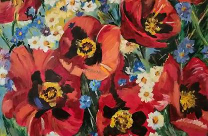 A vibrant painting of a garden in full bloom, featuring large, striking red tulips interspersed with delicate white daisies and blue forget-me-nots. The bold colors and dynamic brushstrokes capture the lively and bustling nature of a spring garden. The contrast between the deep reds and the bright, soft hues of the smaller flowers creates a harmonious and visually engaging composition, evoking a sense of freshness and natural beauty.