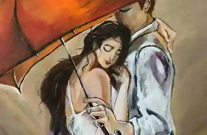 Romantic painting of a couple embracing under an orange umbrella, with the woman in a white dress and the man in a white shirt